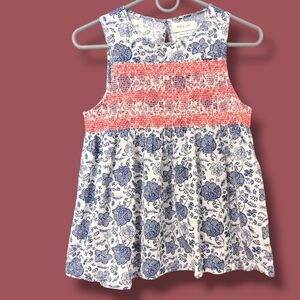 Indi & Cold Blue Pink Floral Embroidered Cotton Sleeveless Flowy Smocked Top SM